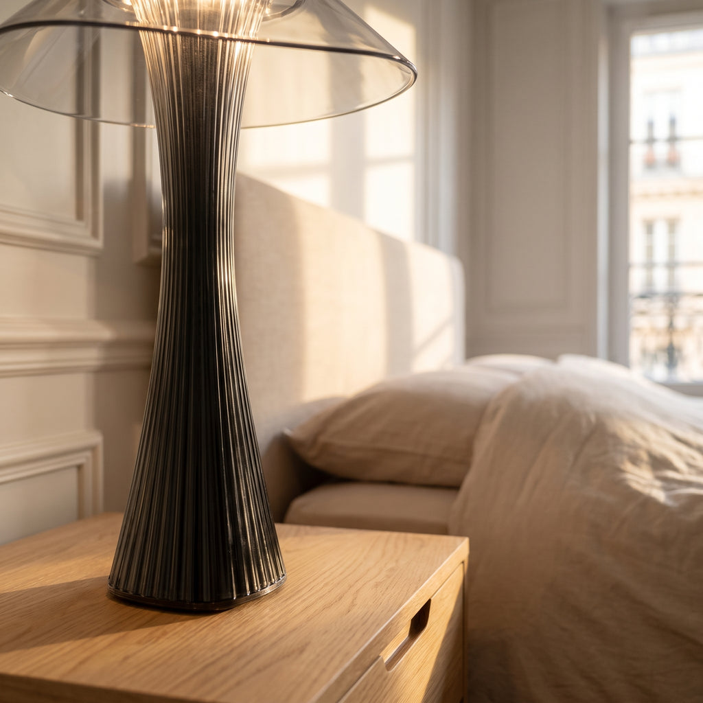 Détail du pied cannelé et de l'abat-jour de la lampe gris fumé