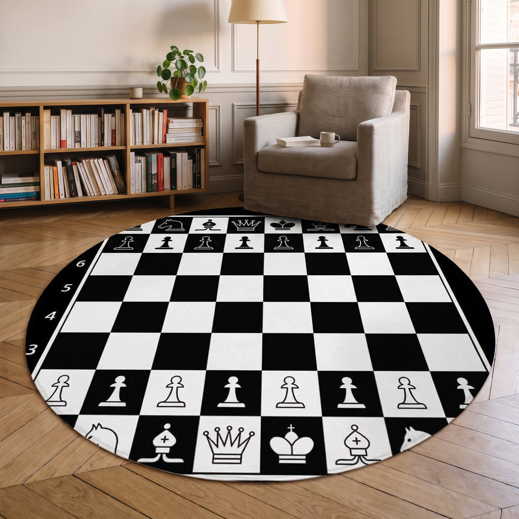 Tapis jeu d'échecs rond posé devant un fauteuil de lecture