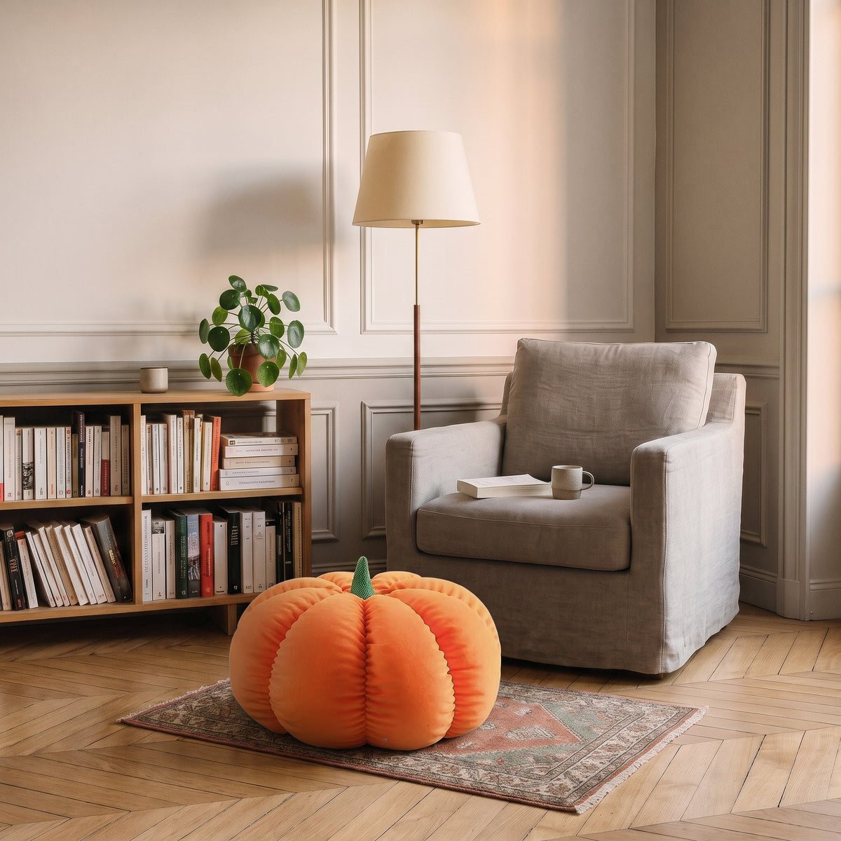 Pouf citrouille orange en repose-pieds devant un fauteuil de lecture