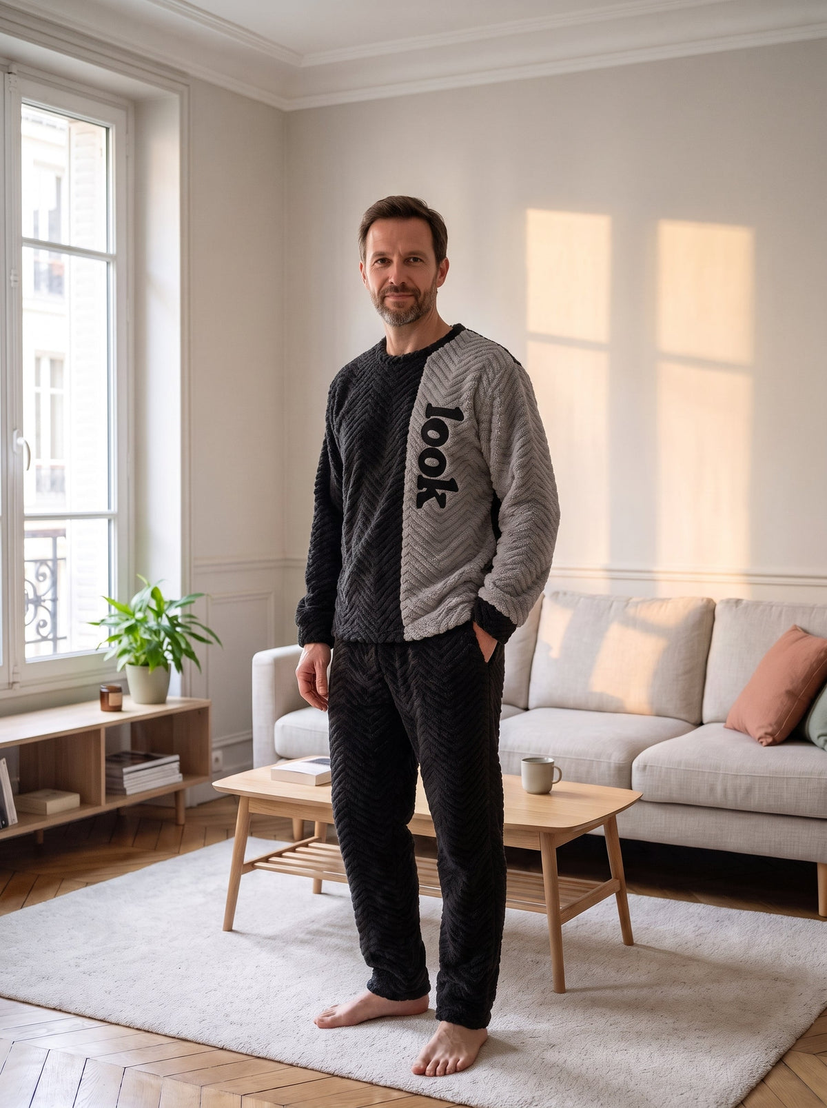 Pyjama polaire noir et gris clair porte debout dans le salon, le mot look ecrit le long de la bande claire.