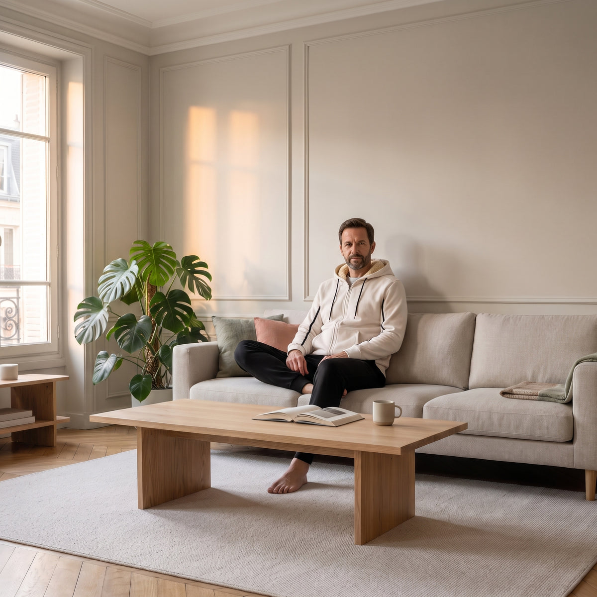 Ensemble jogging homme doublé polaire, veste blanc crème et pantalon noir