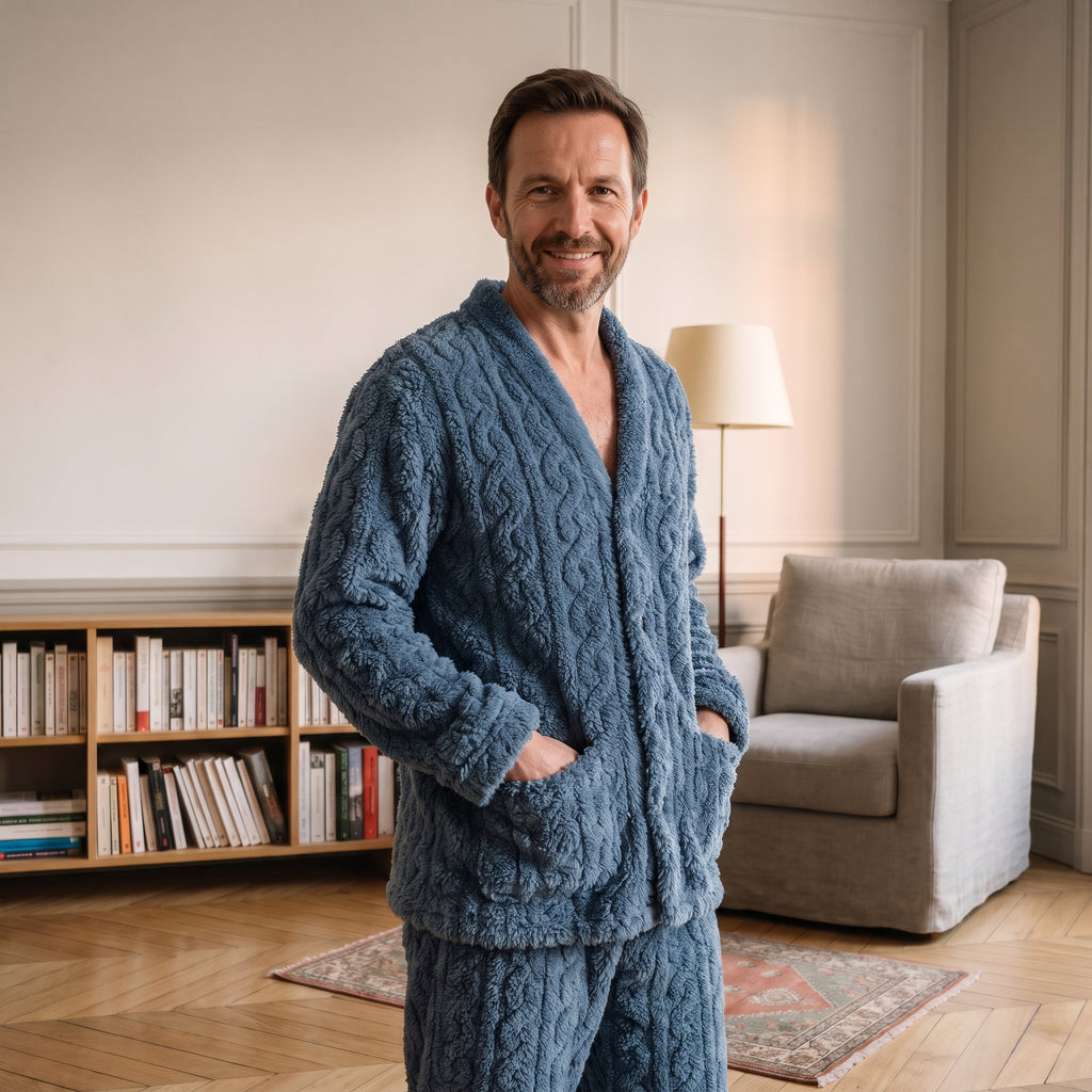 Homme en pyjama en peluche bleue à torsades, dans un coin lecture