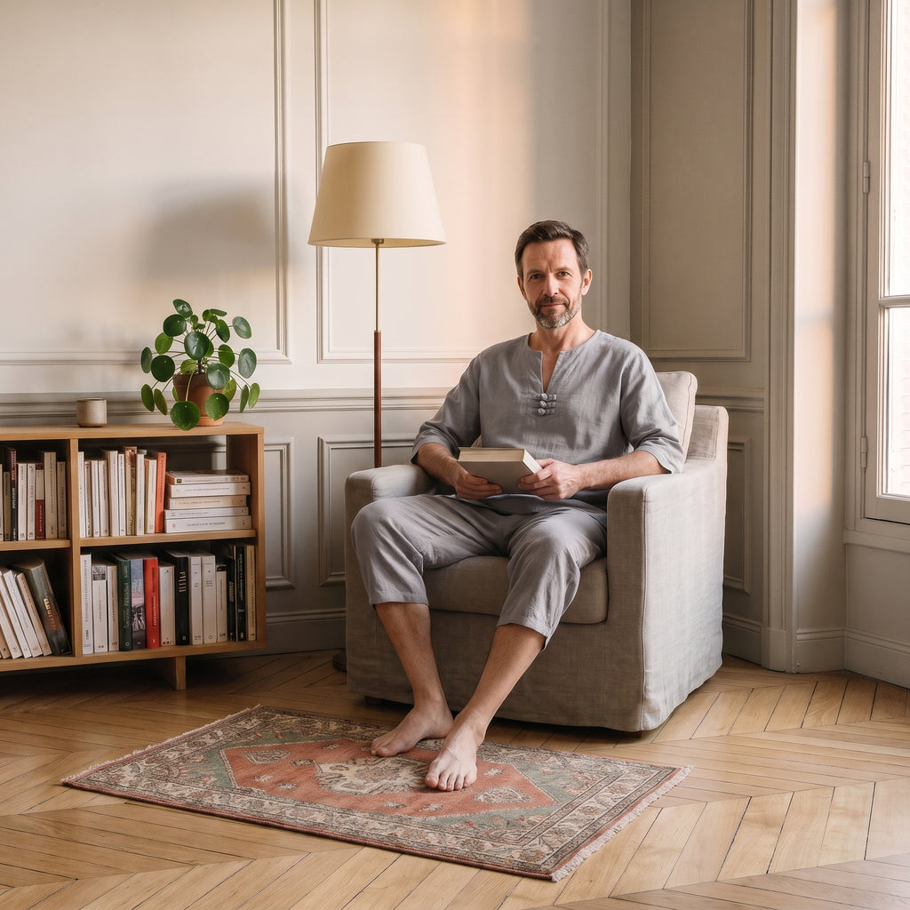 Ensemble d'été homme gris clair porté assis dans un fauteuil de lecture