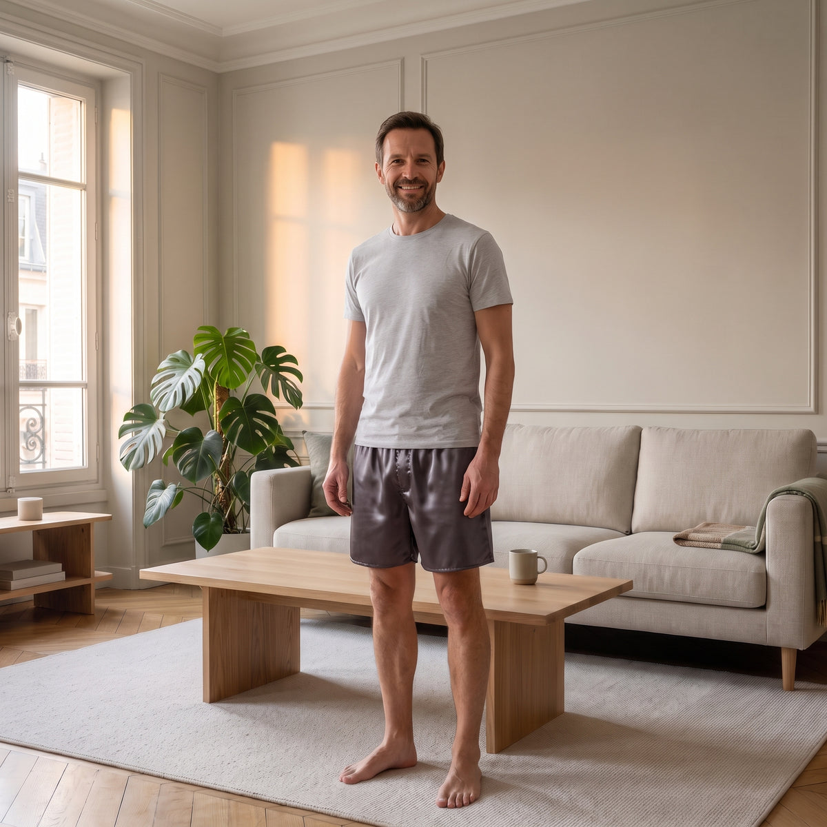 Short de pyjama en satin gris porté par un homme dans le salon