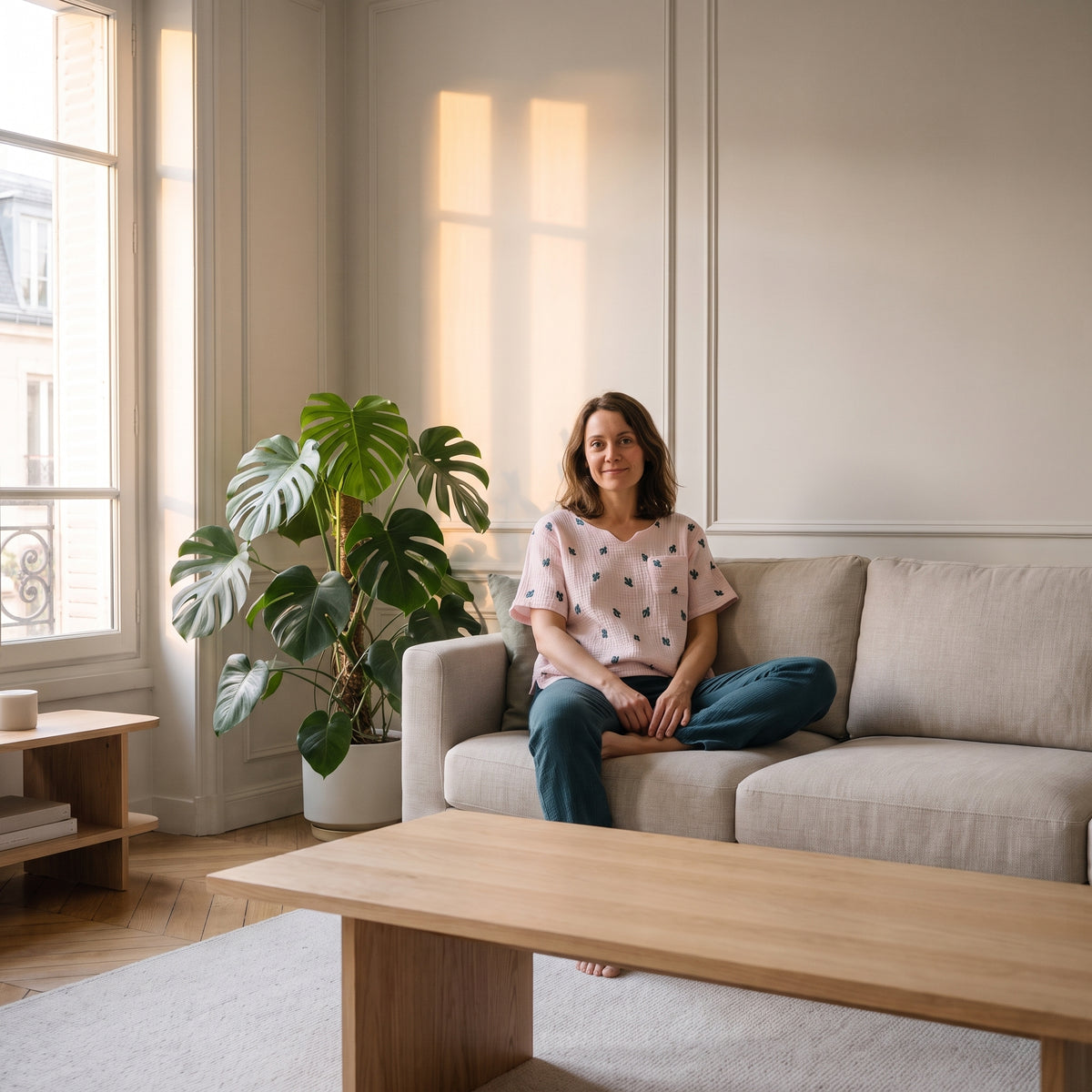 Femme assise sur son canapé en pyjama d'été rose en gaze de coton