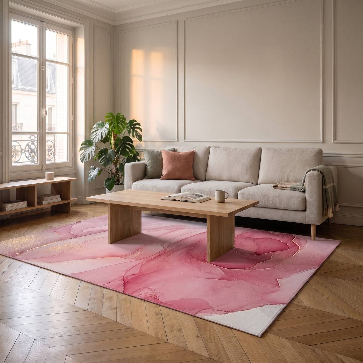 Tapis abstrait rose dans un salon clair