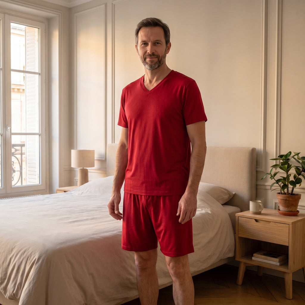 Homme en pyjama d'été en viscose rouge, t-shirt col V et short, debout dans la chambre