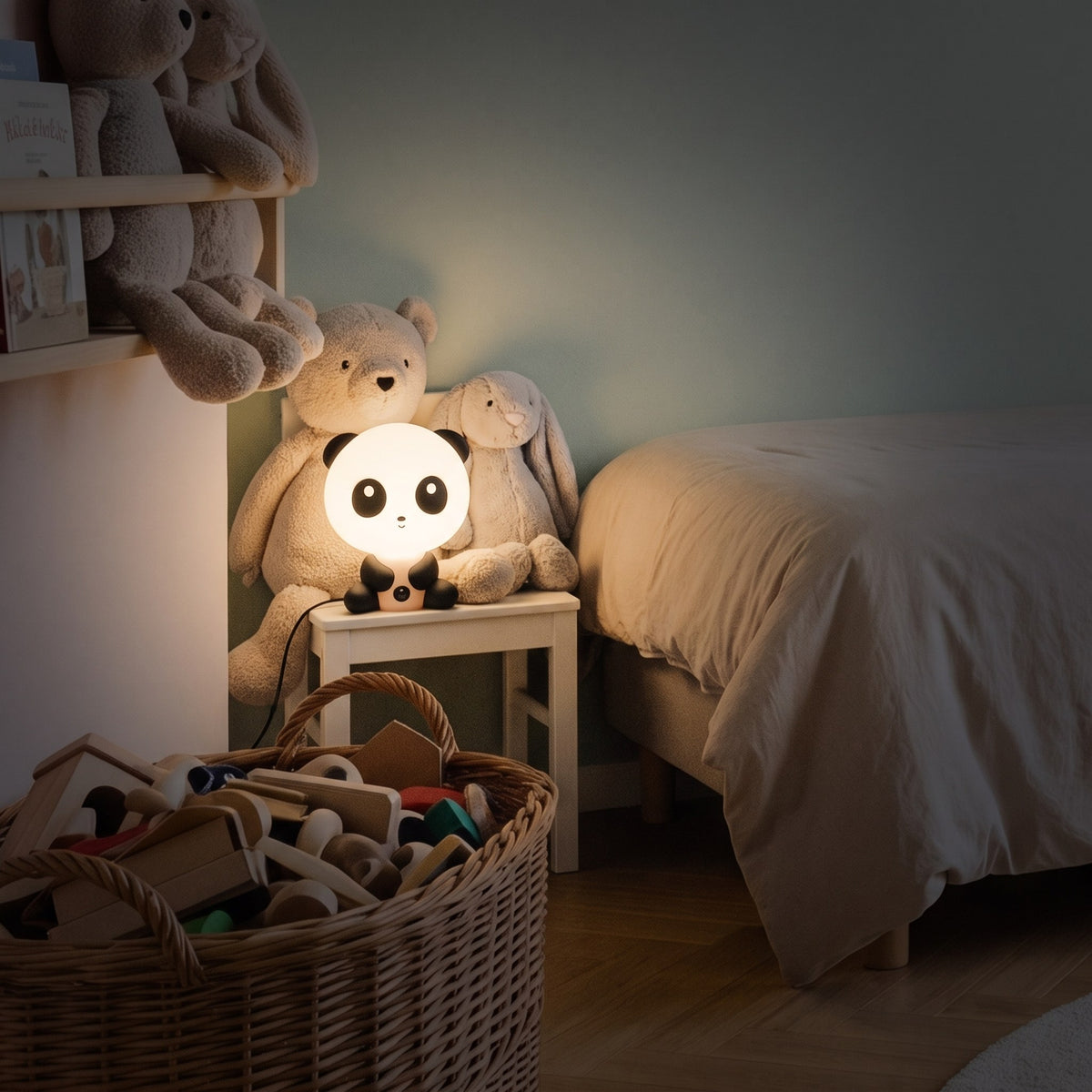 Veilleuse panda allumée le soir près d'un lit d'enfant
