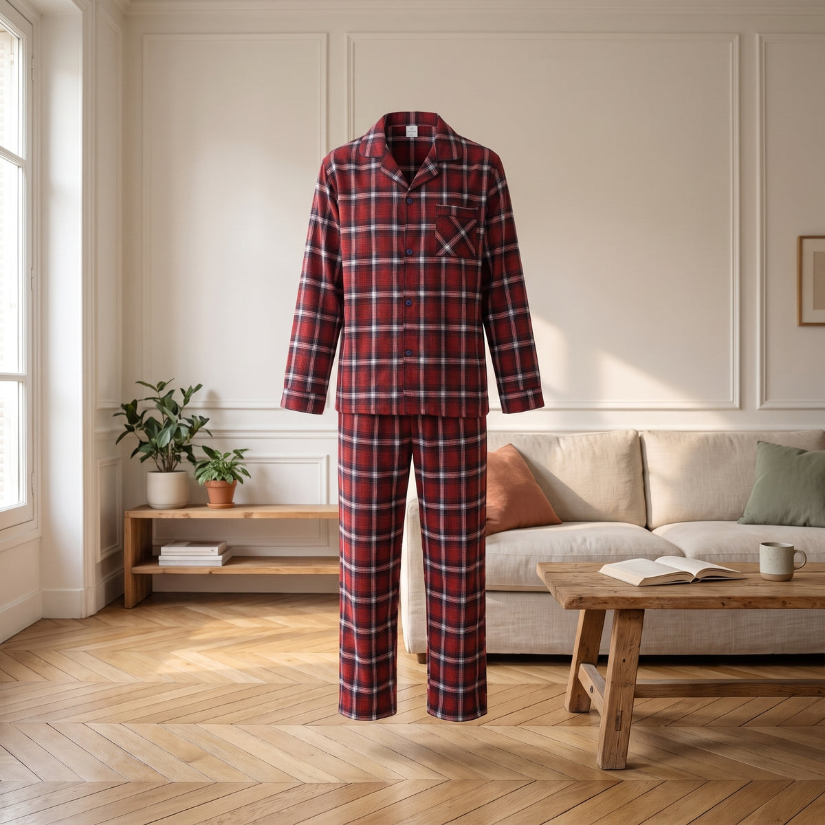Pyjama homme à carreaux vu de face sur mannequin invisible, chemise et pantalon