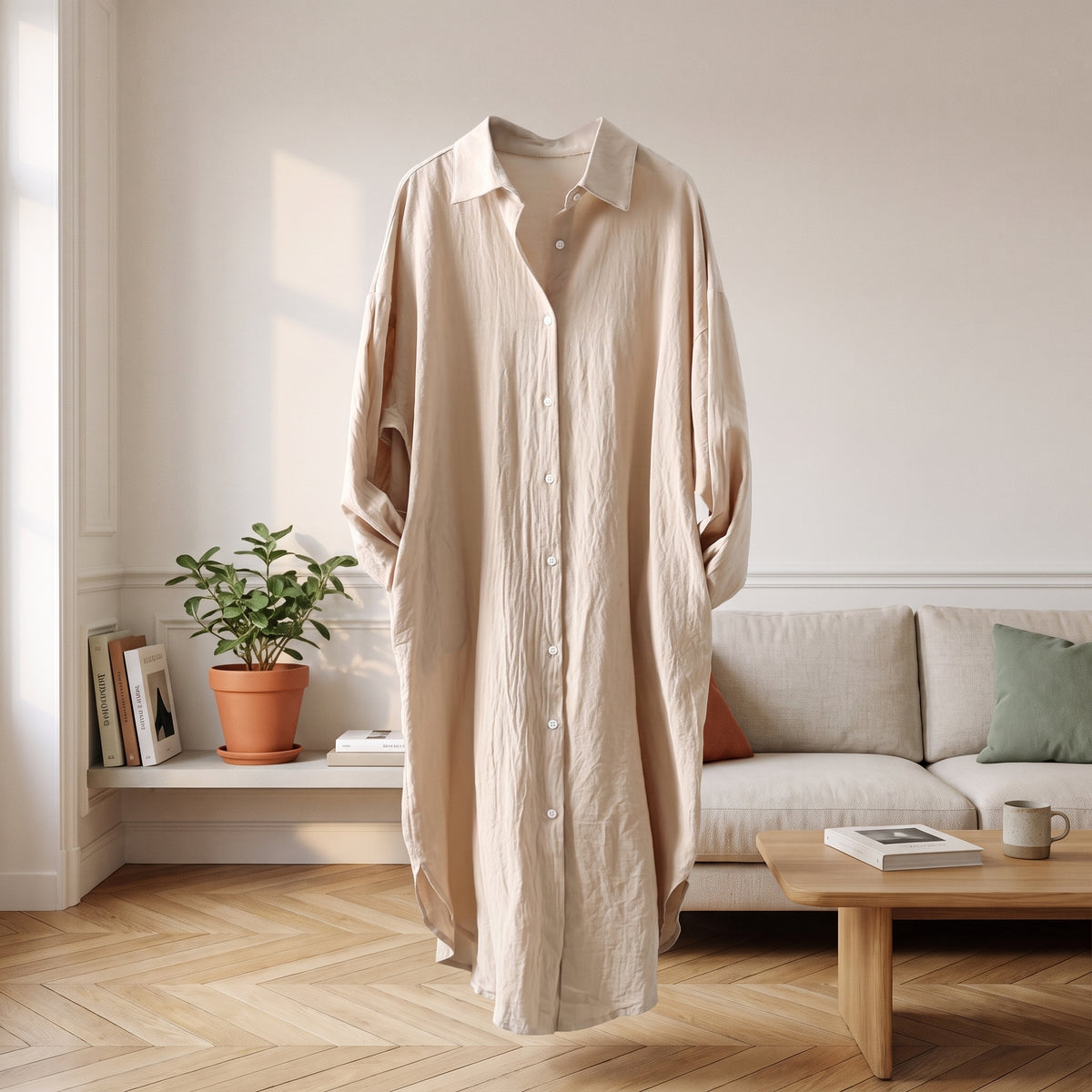 Robe chemise longue beige sable vue de face, boutonnage et manches, sur mannequin invisible