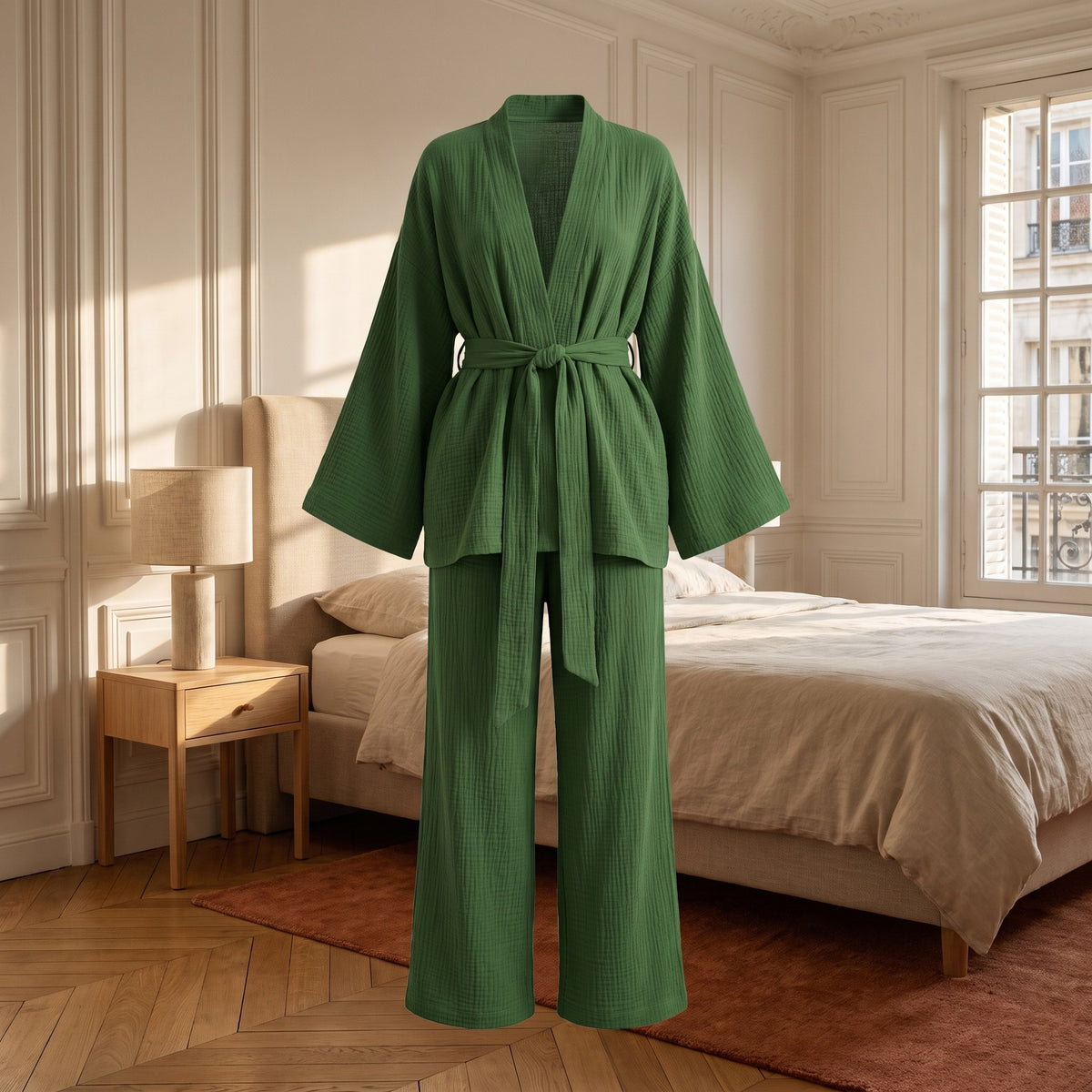 Pyjama kimono vert foncé présenté par un mannequin invisible dans une chambre : veste ceinturée aux manches ouvertes et pantalon large