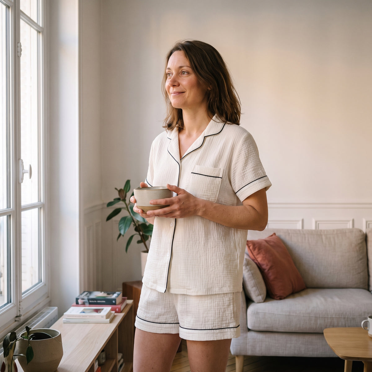 Pyjama d'été en gaze de coton blanc crème à liseré noir, porté un bol dans les mains