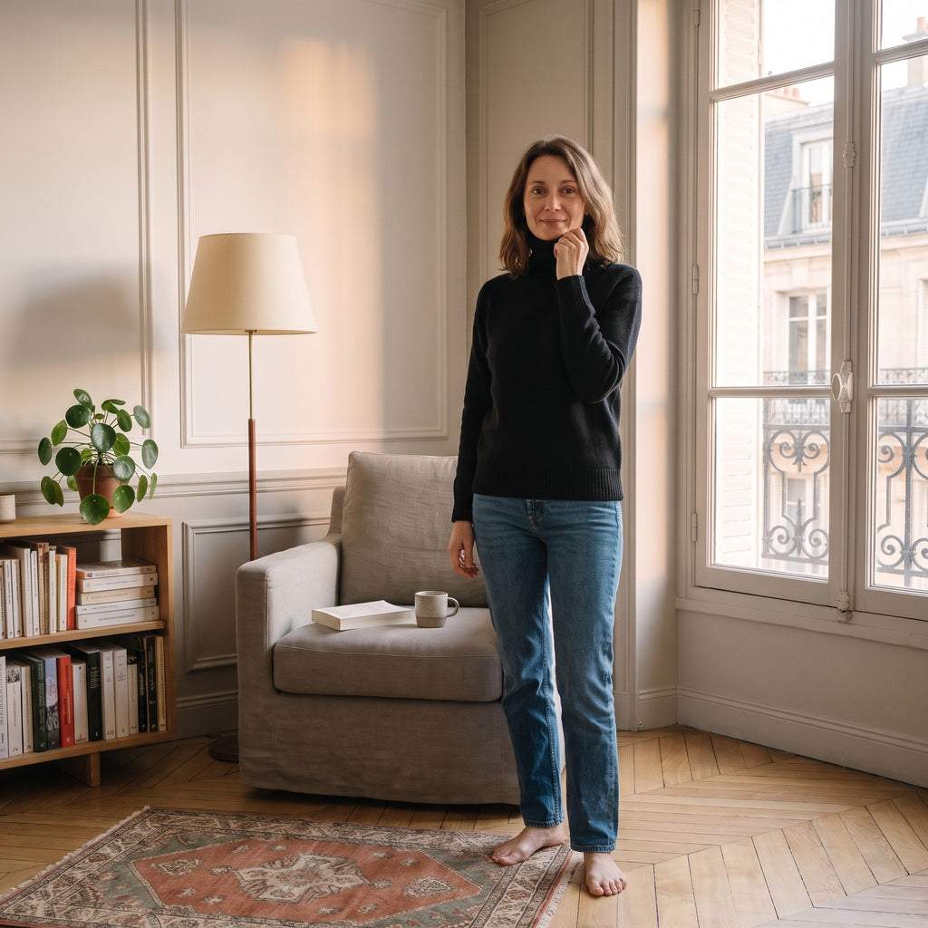 Femme debout pres d une fenetre en pull col roule noir, une main qui remonte le col vers le menton