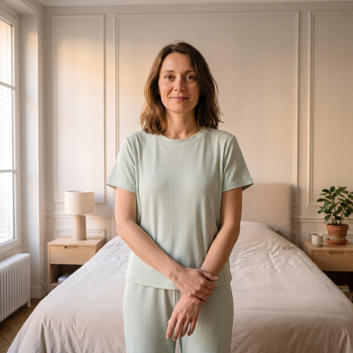 Pyjama femme côtelé vert sauge porté de face, col rond et manches courtes montées