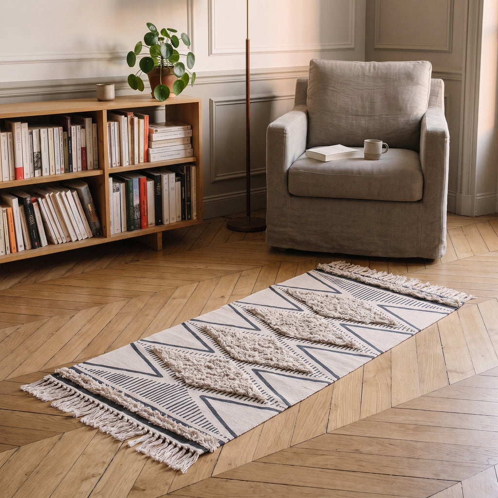 Le tapis ethnique déroulé en diagonale sur le parquet devant une bibliothèque basse