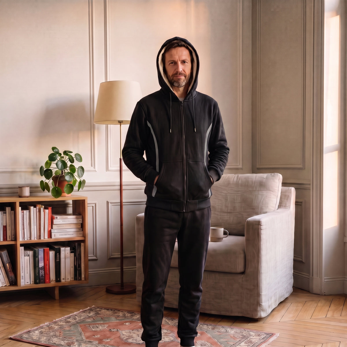 Ensemble jogging homme doublé polaire noir, capuche relevée