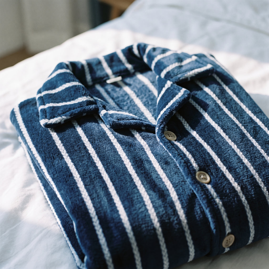 Détail du col chemise à revers et des boutons du pyjama en flanelle rayée