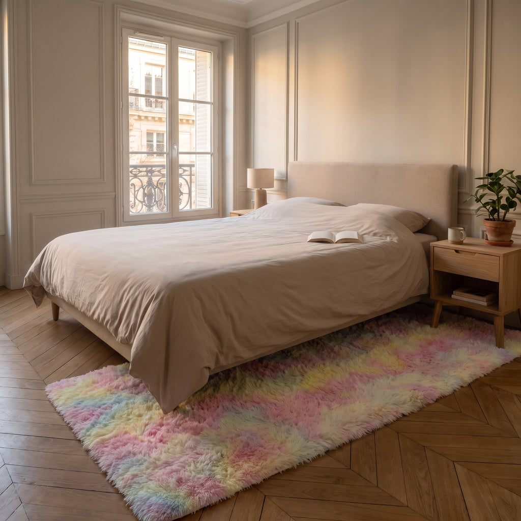 Tapis shaggy pastel arc-en-ciel déroulé sur le parquet devant le lit d'une chambre
