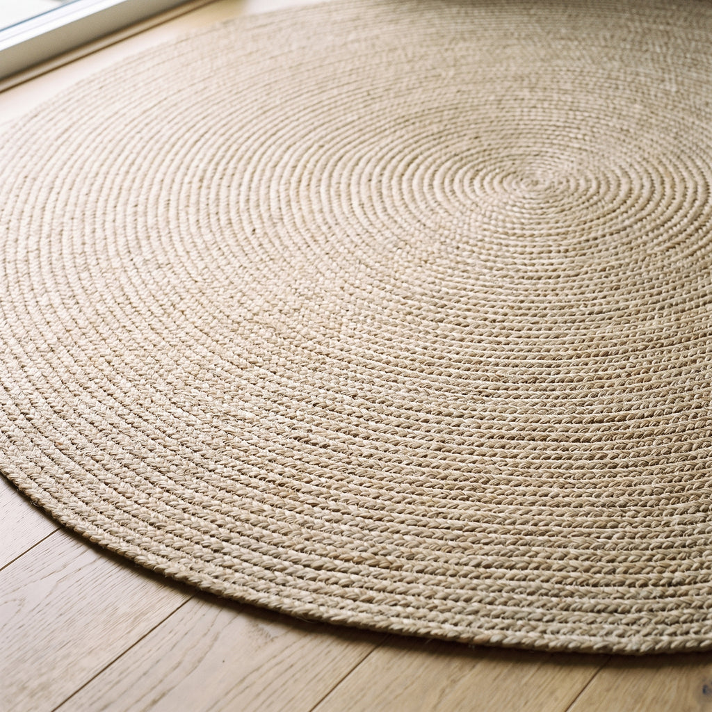 Détail du tressage en spirale du tapis rond en sisal beige clair