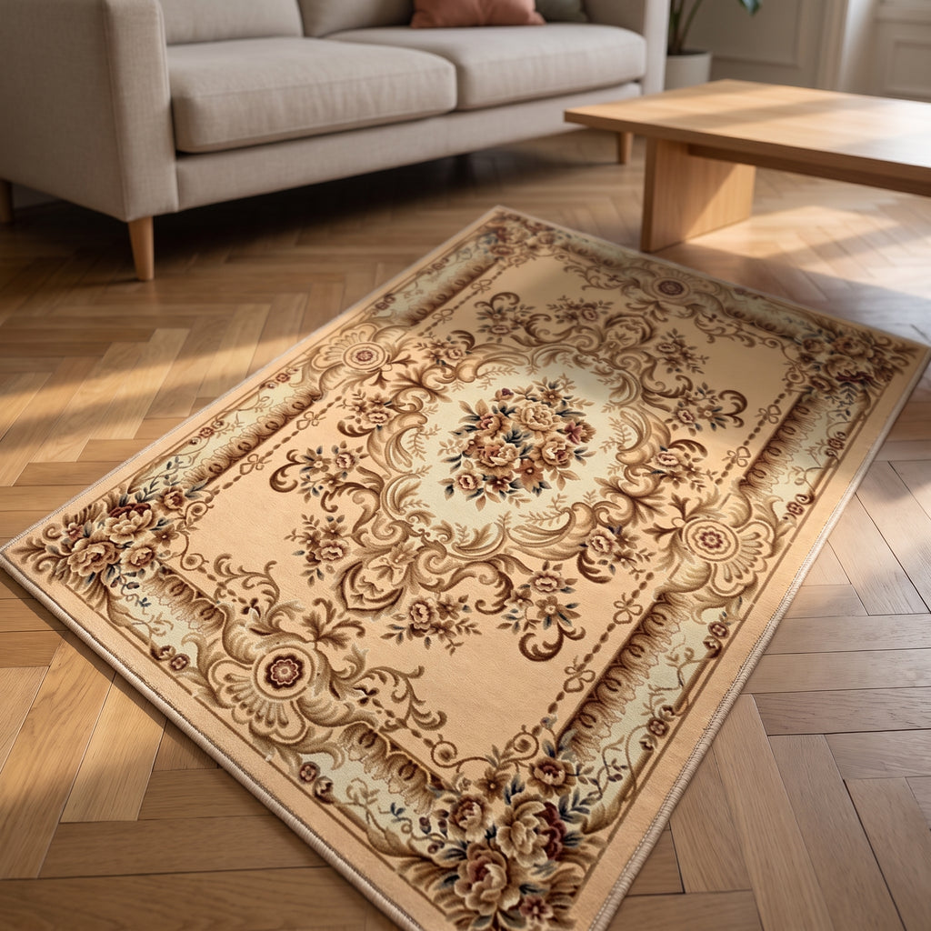Détail en situation du tapis boho turc aux tons chauds