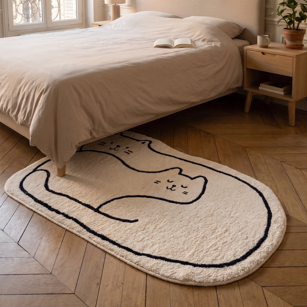 Tapis en forme de chat, écru au trait noir, modèle Famille de chats, posé en descente de lit
