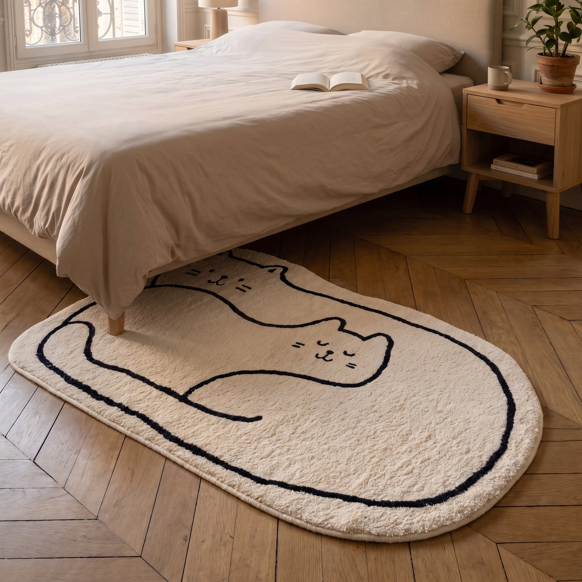 Tapis en forme de chat, écru au trait noir, modèle Famille de chats, posé en descente de lit