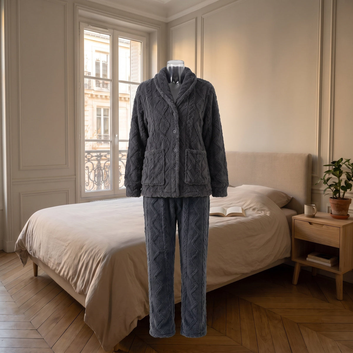 Veste et pantalon de pyjama noir présentés sur un buste transparent