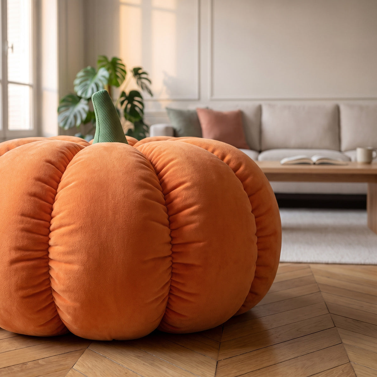 Quartiers rembourrés et coutures creusées du pouf citrouille