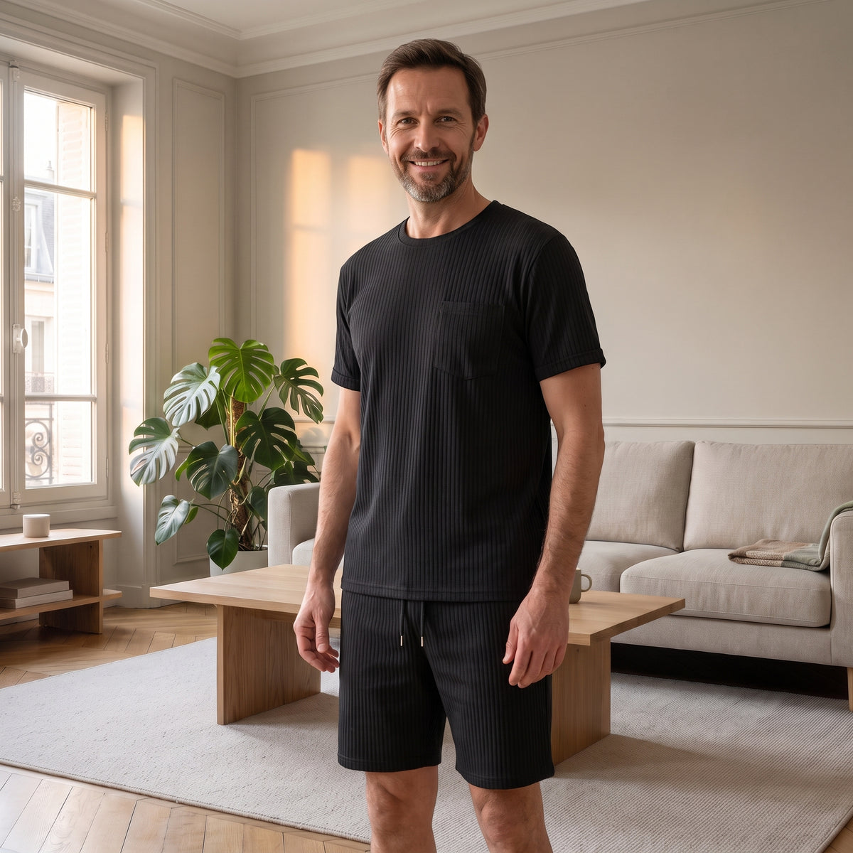 Ensemble t-shirt et short noir en tissu plissé porté par un homme dans un salon