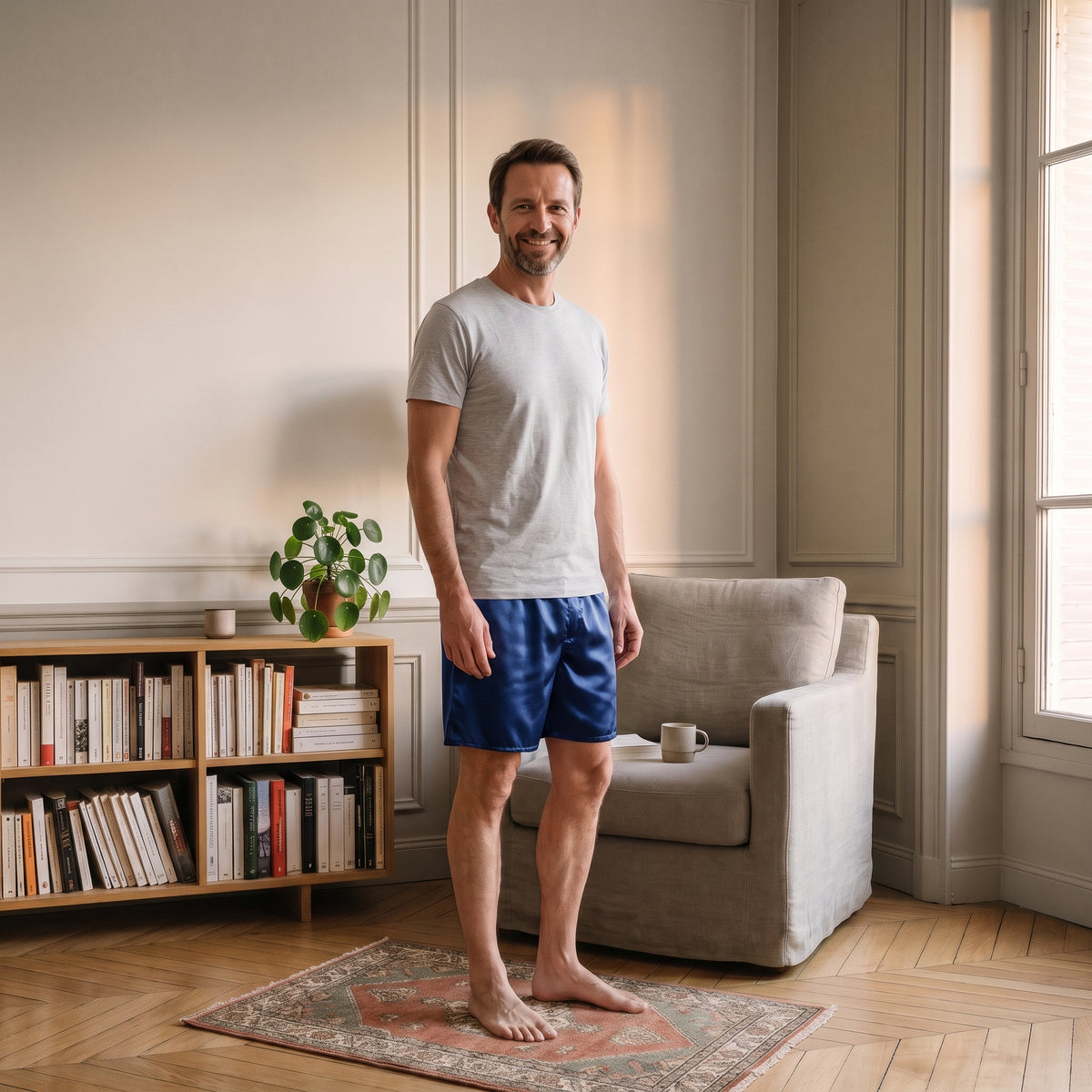 Short de pyjama en satin bleu marine porté par un homme dans le coin lecture