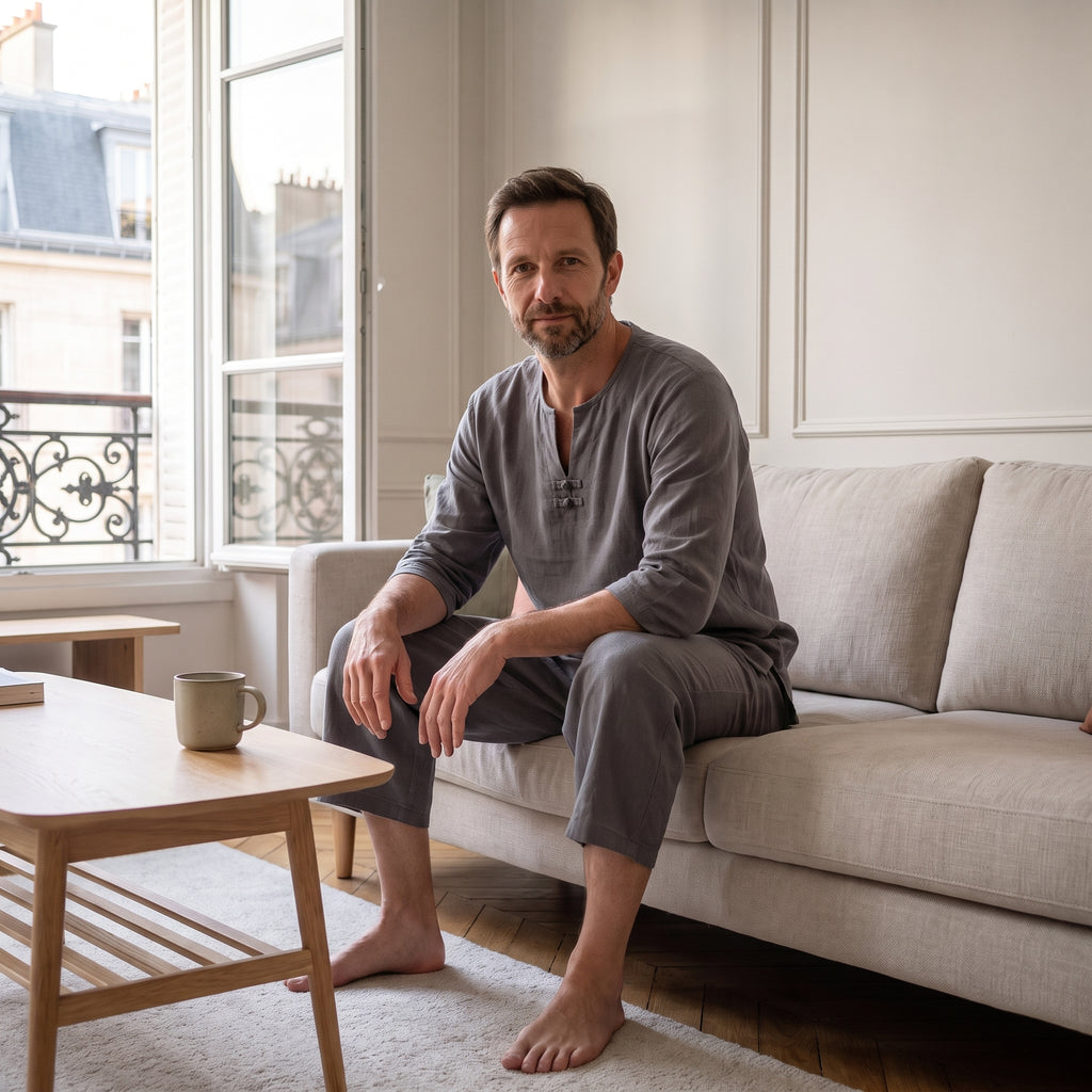 Ensemble d'été homme gris foncé porté assis sur un canapé
