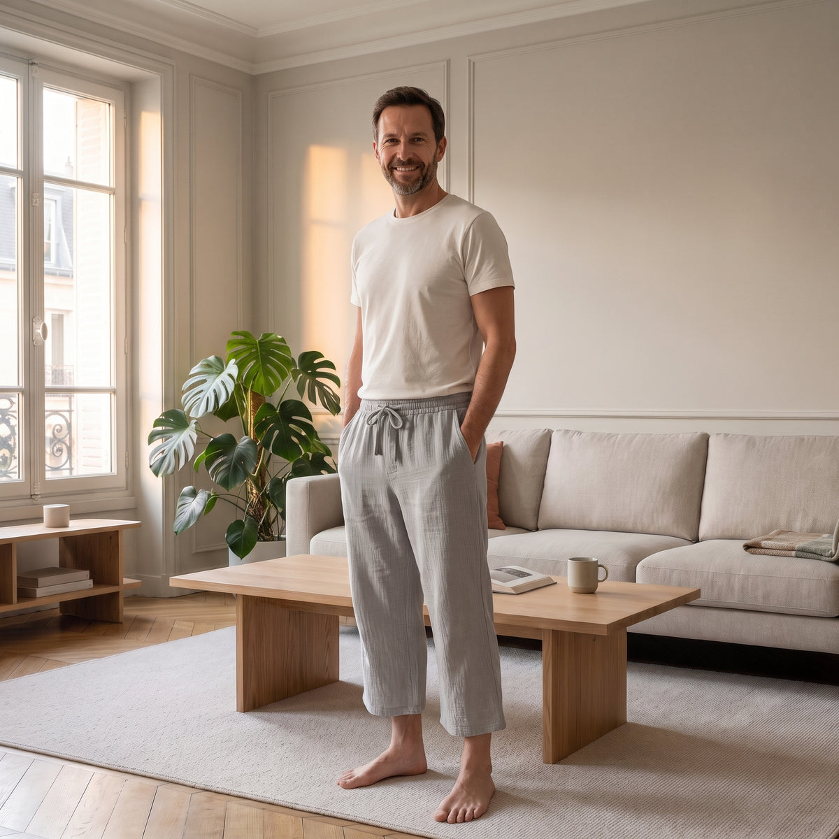 Pantalon d'intérieur en gaze de coton gris porté, une main dans la poche