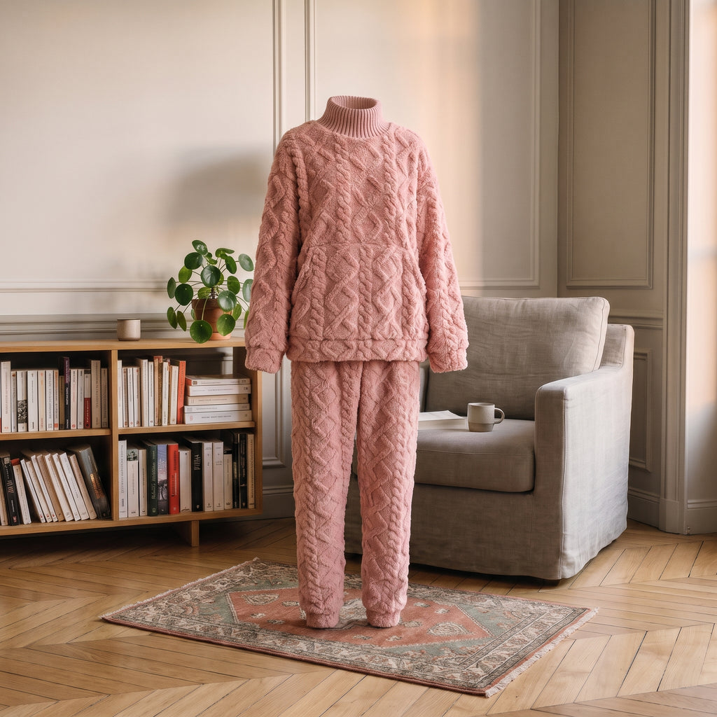 Haut et pantalon du pyjama polaire rose présentés sans personne
