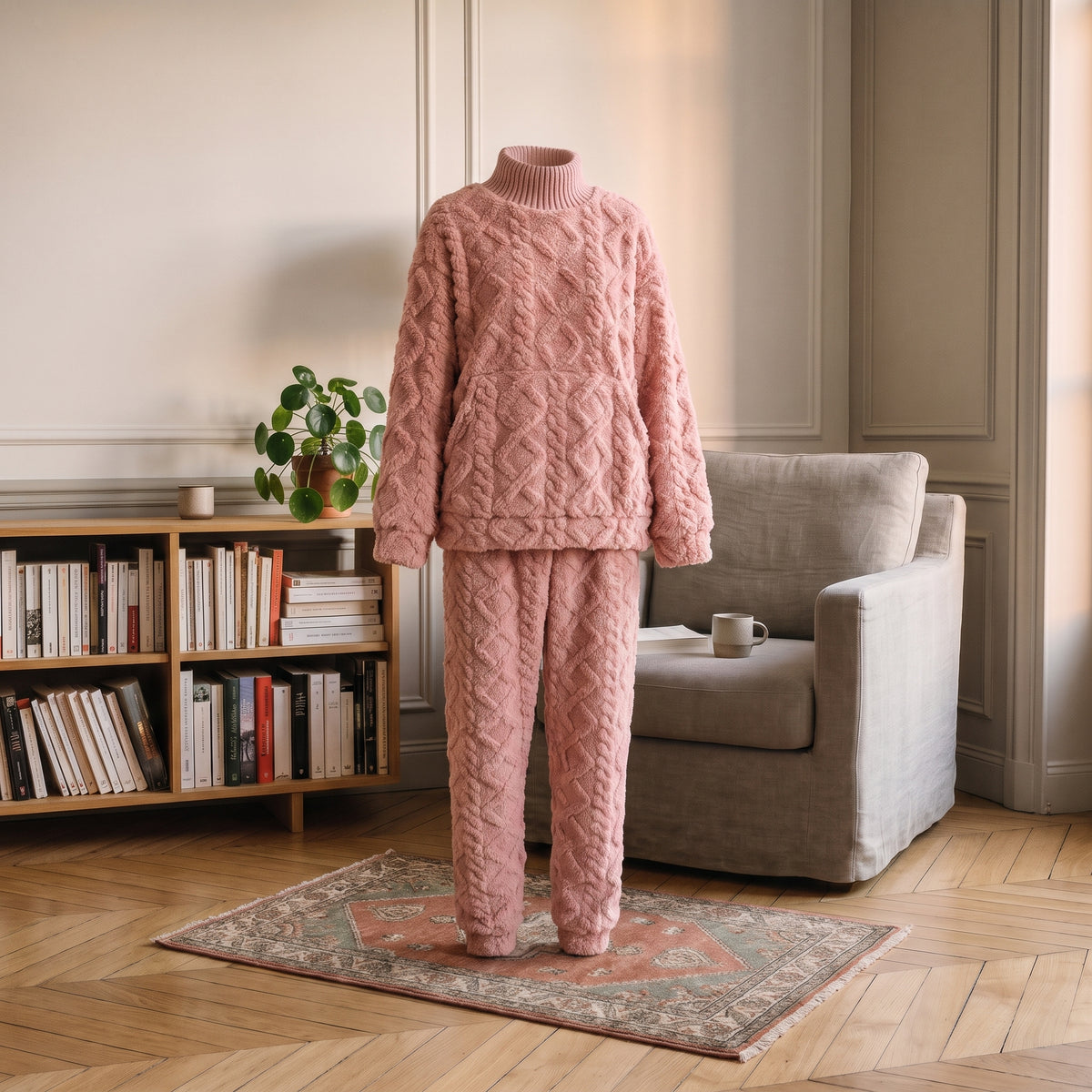 Haut et pantalon du pyjama polaire rose présentés sans personne