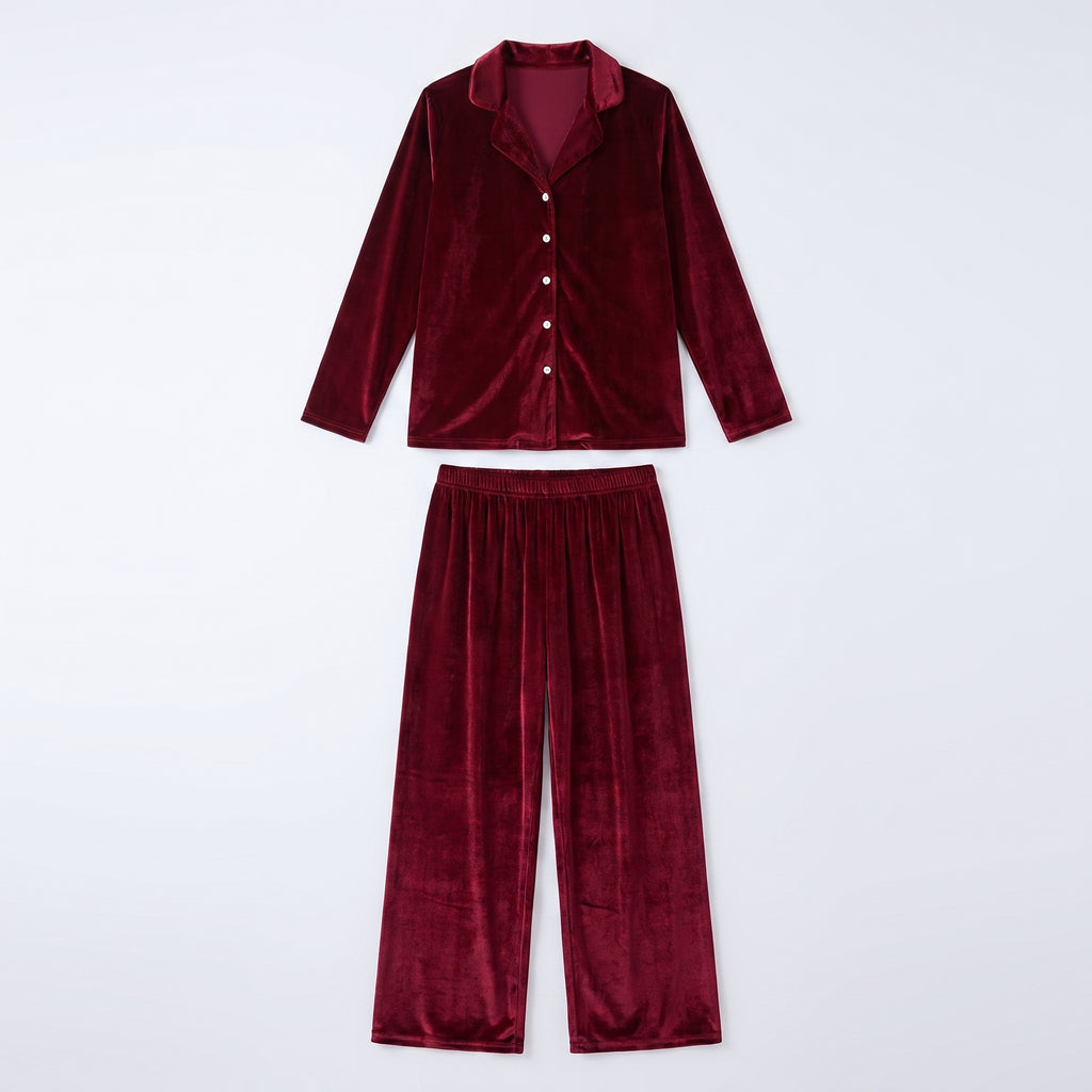 Ensemble pyjama en velours rouge bordeaux posé à plat, chemise et pantalon vus du dessus