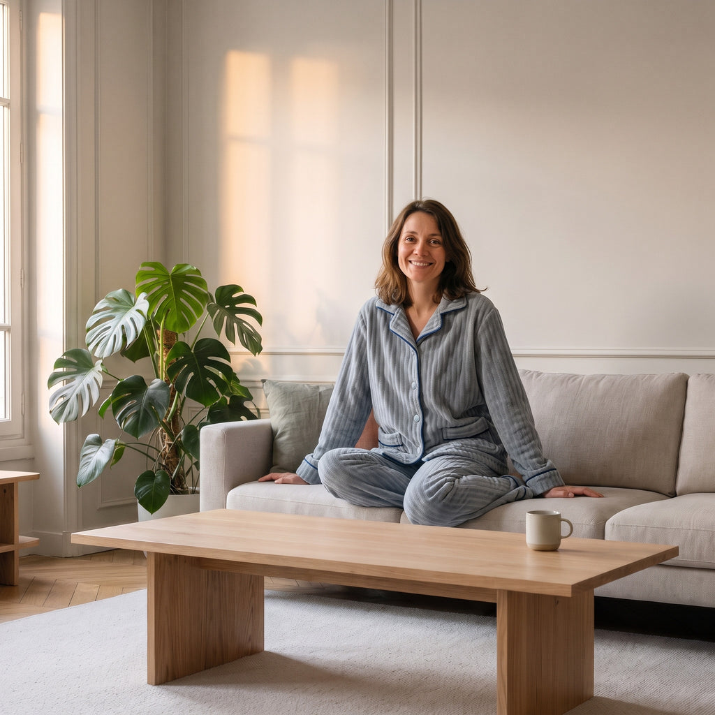 Femme en pyjama en peluche gris, assise sur le canapé du salon
