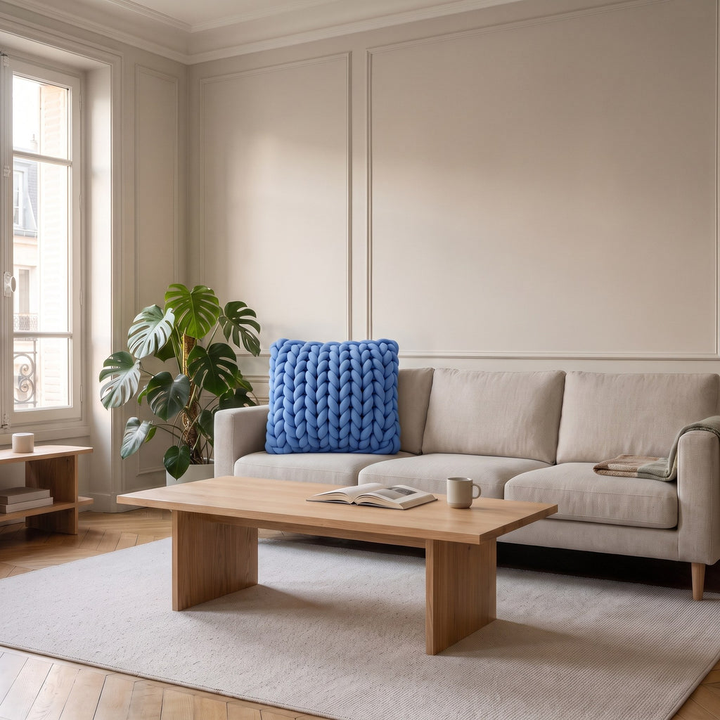Coussin grosses mailles bleu posé sur un canapé beige
