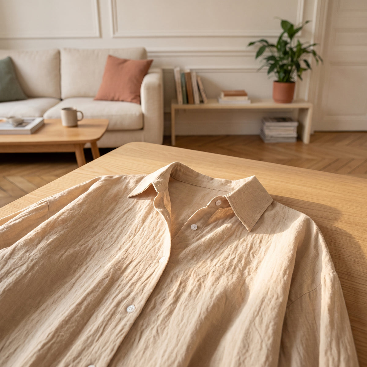 Col chemise et boutonnage de la robe, détail du coton et lin froissé