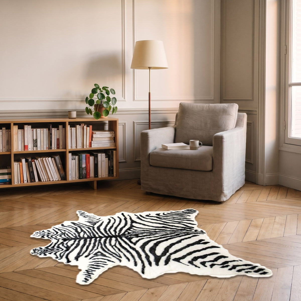 Tapis peau de zèbre dans un coin lecture, devant un fauteuil
