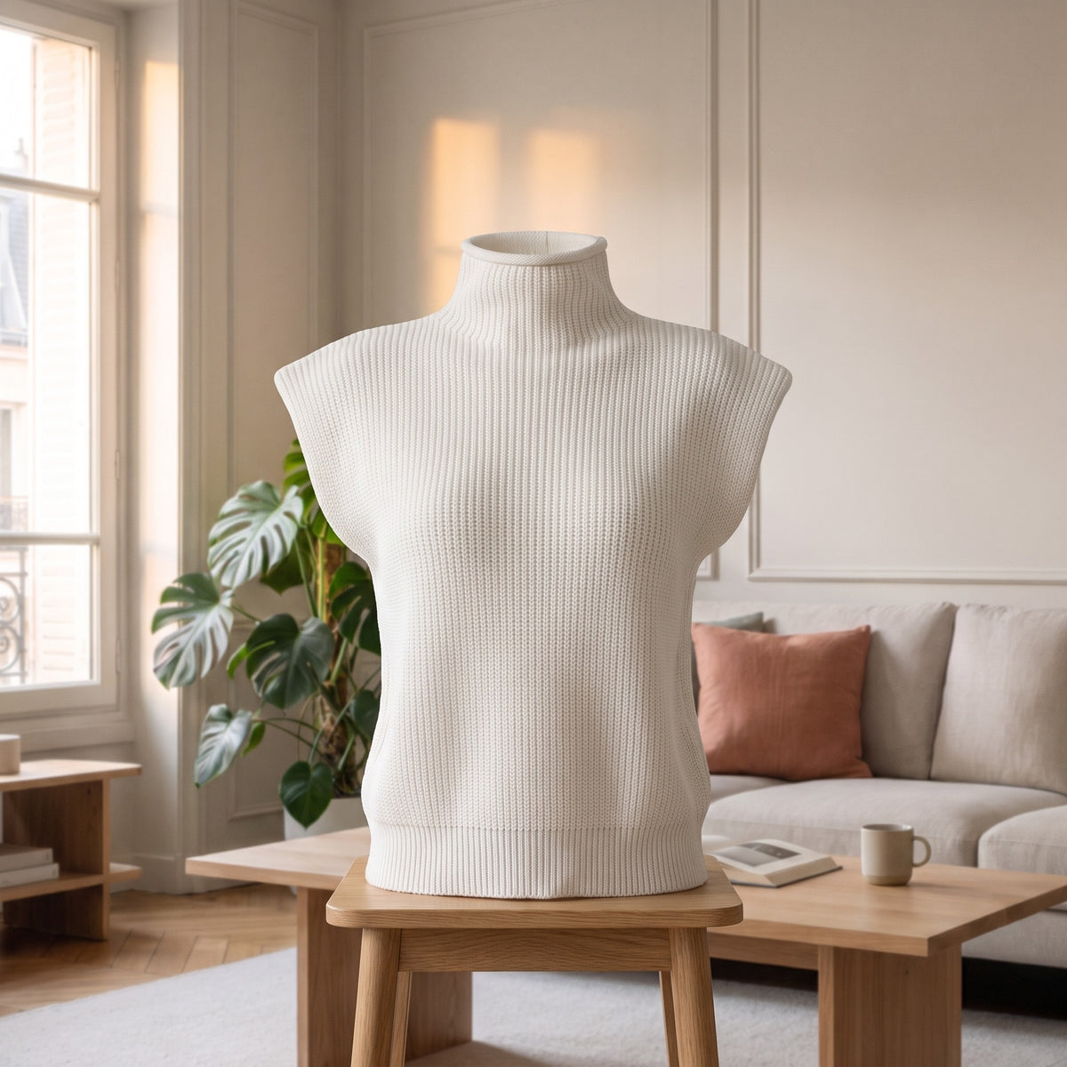 Le pull blanc cassé vu de face sans personne, posé bien droit, épaules carrées et bande de côtes en bas