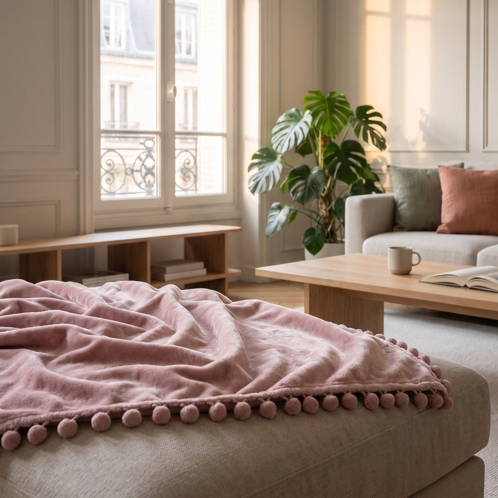 Gros plan sur le plaid rose poudré étalé sur l’assise d’un canapé, sa bordure de pompons traverse tout le premier plan, une tasse et un livre ouvert sur la table basse au fond