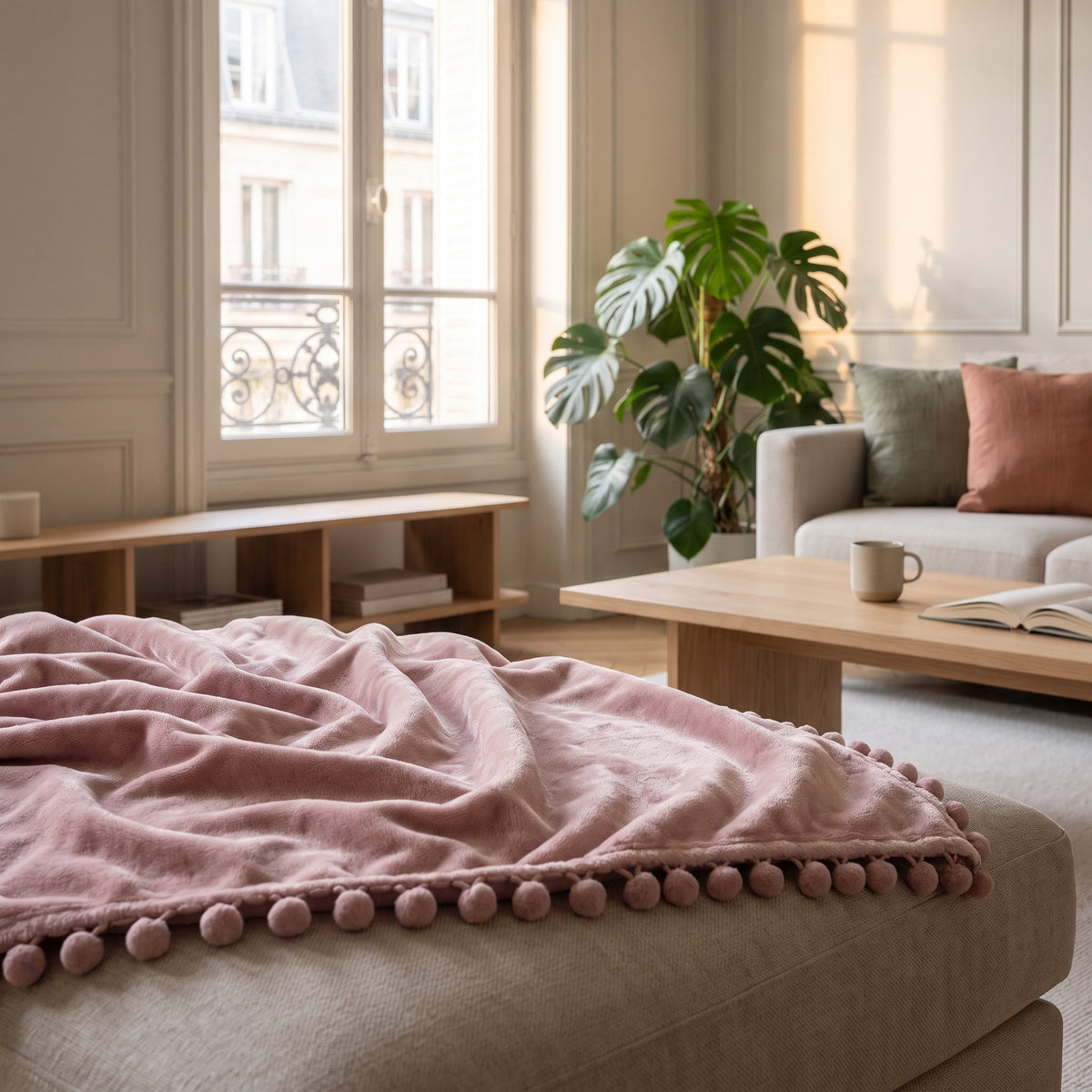 Gros plan sur le plaid rose poudré étalé sur l’assise d’un canapé, sa bordure de pompons traverse tout le premier plan, une tasse et un livre ouvert sur la table basse au fond