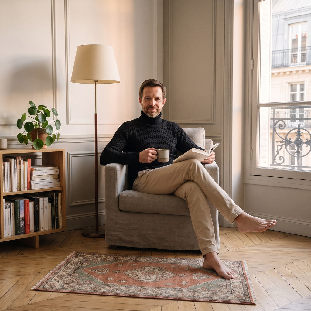 Un homme en pull col roulé noir, assis dans le fauteuil du coin lecture, un livre et une tasse à la main