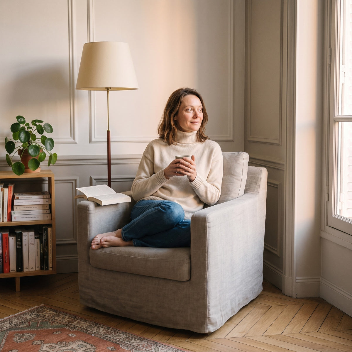 Femme assise en tailleur dans un fauteuil pres de la fenetre, en pull col roule beige creme, une tasse entre les mains