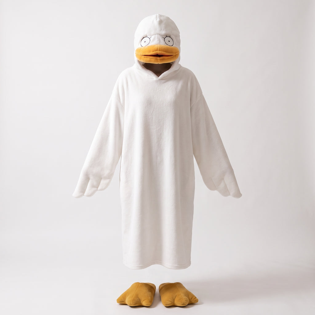 Volume du pyjama canard sans mannequin, capuche dressée, encolure creuse sous le bec et manches ouvertes en aile