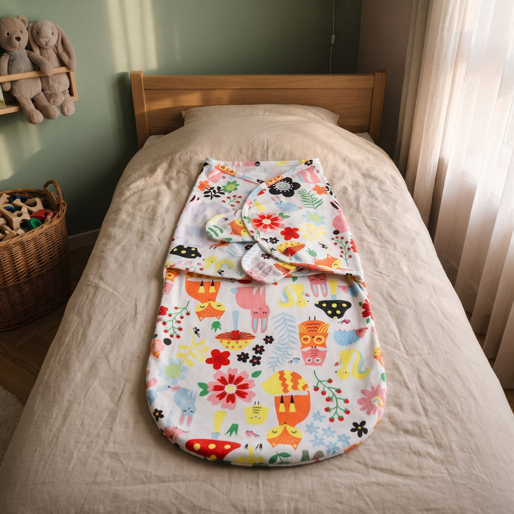 Sac de couchage d'emmaillotage pour bébé motif animaux et fleurs, posé à plat sur un lit d'enfant