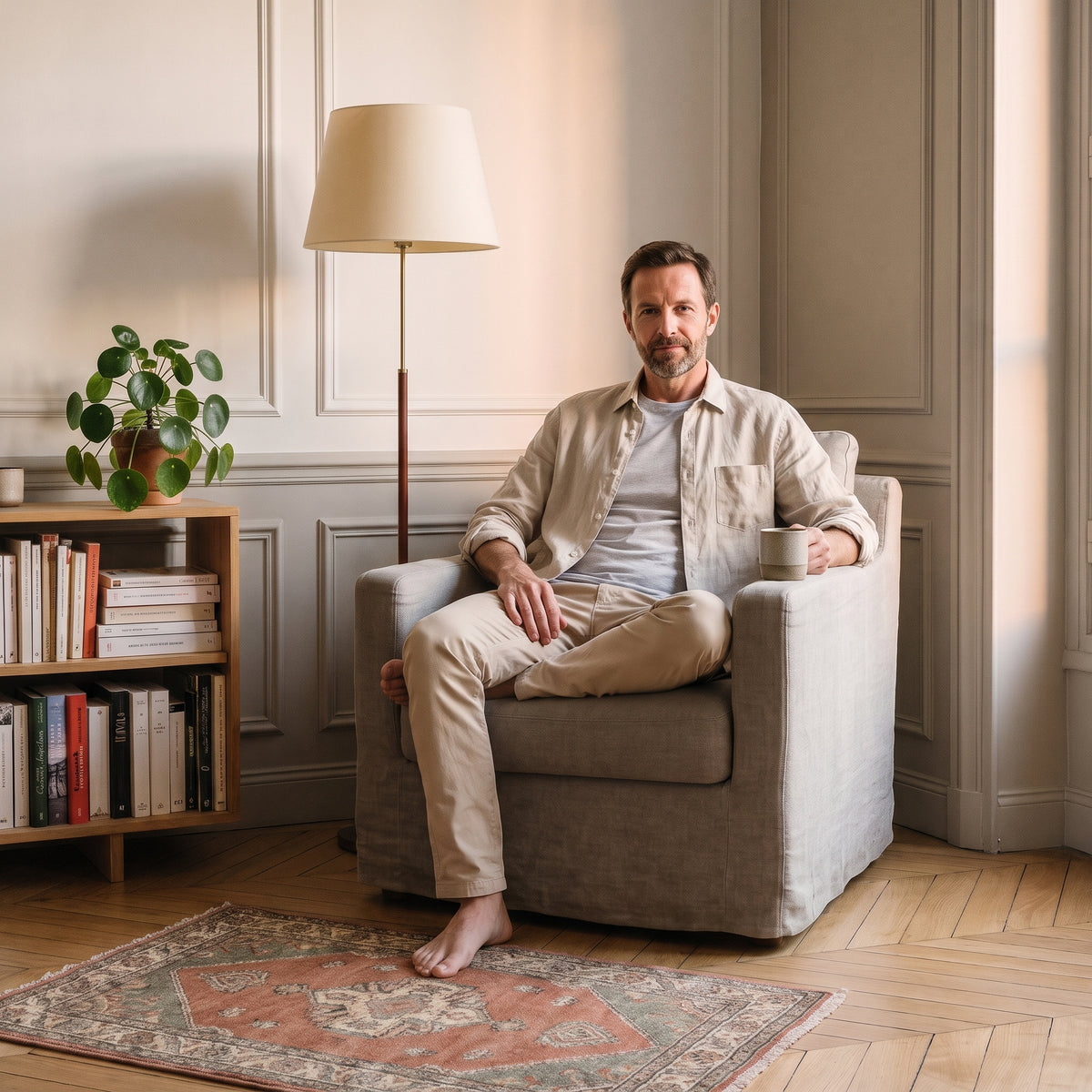 Chemise homme en coton et lin beige lin portée assis dans un fauteuil de lecture