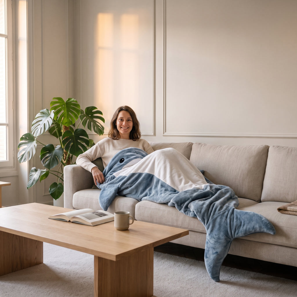 Plaid requin bleu-gris étalé sur les jambes d'une femme assise dans un canapé