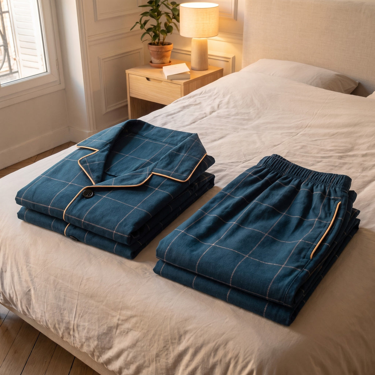 Ensemble de pyjama à carreaux en coton bleu foncé, veste et pantalon pliés côte à côte sur le lit fait