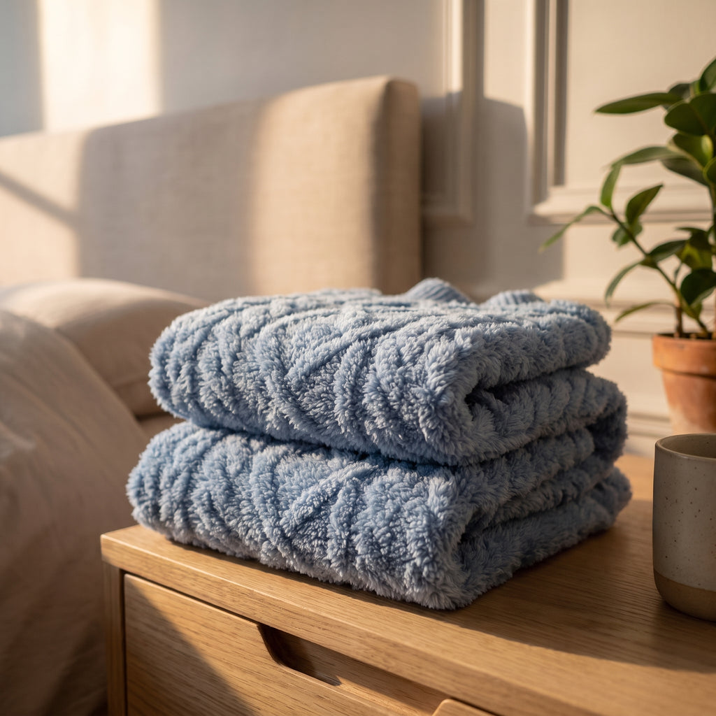 Gros plan sur le relief gaufré de la flanelle polaire bleu gris
